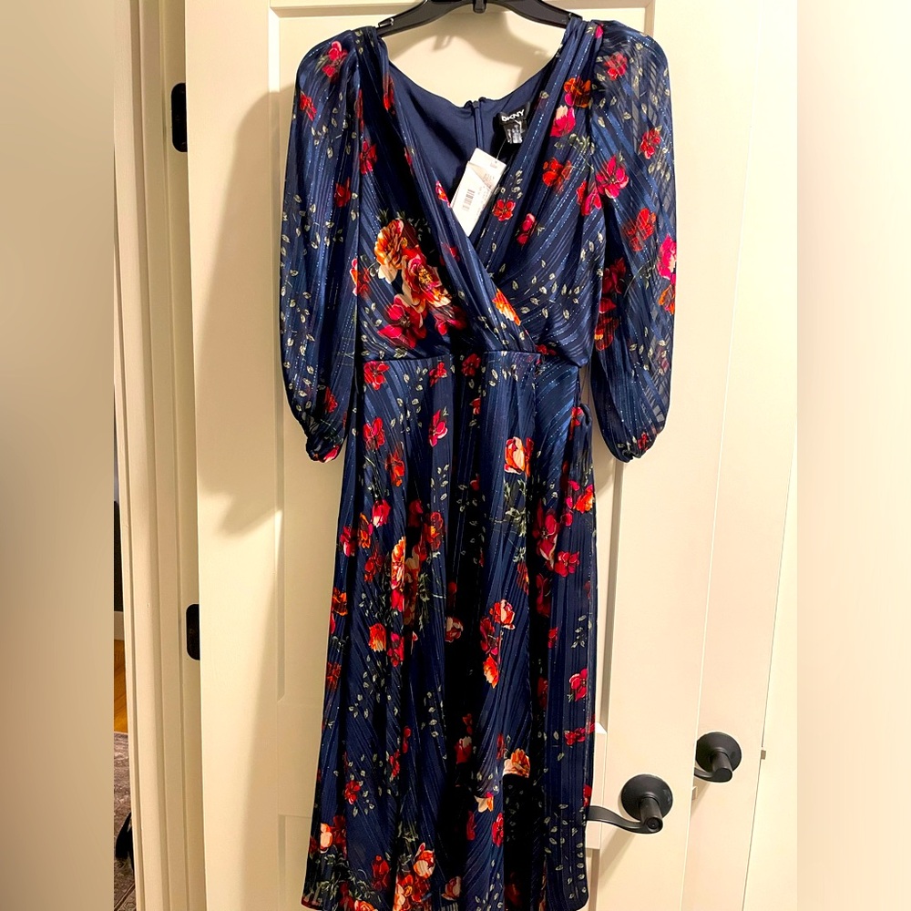 DKNY 3/4 Sleeve V Neck Midi Dress